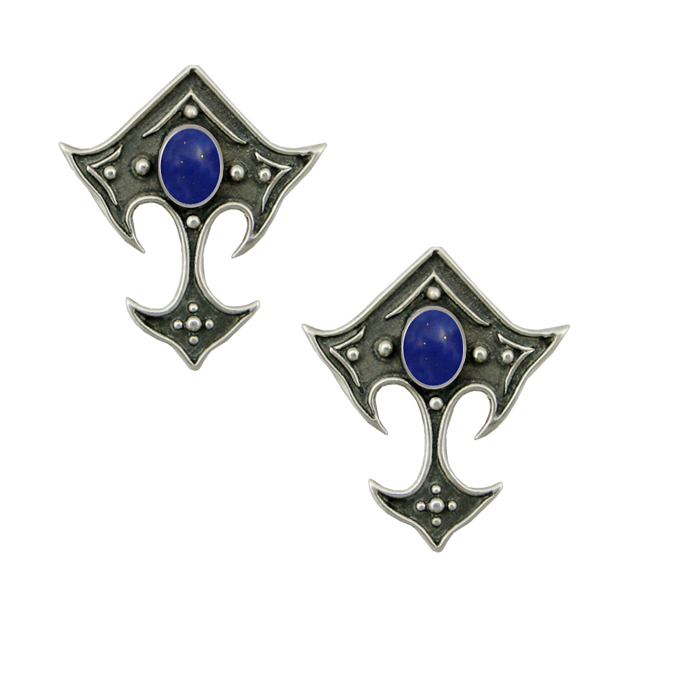 Sterling Silver Gothic Inspired Designer Drop Dangle Earrings With Lapis Lazuli